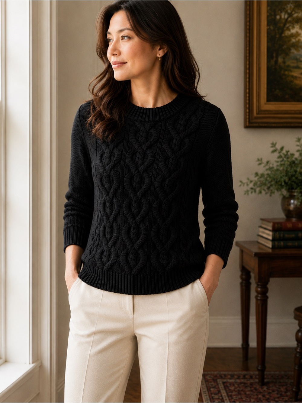 Talbots Petites 100% Cotton Cable Knit Sweater Black Size L Crewneck Pullover